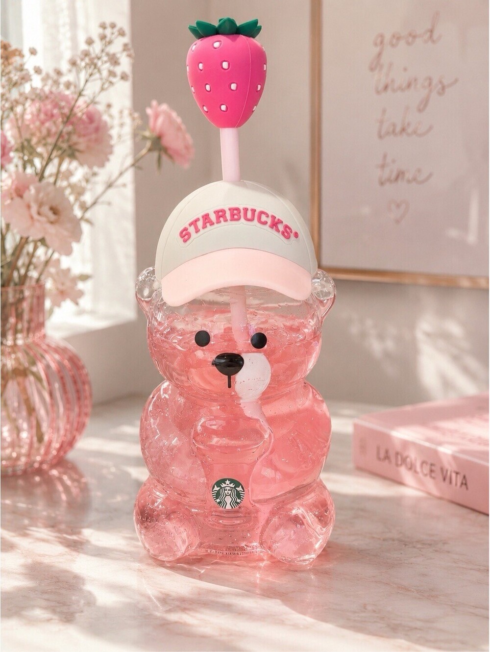 New Starbucks Bearista Bear Cold Cup Tumblers Strawberry Topper Baseball Cap20oz